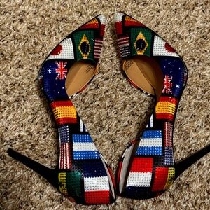 INC Womens Kenjay 38 Rhinestones Point Toe D'Orsay Heels Multi Flags Sz 9.5 NEW